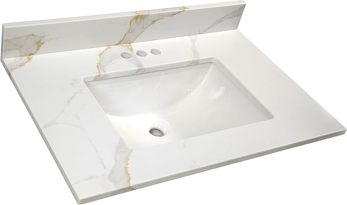 Design House Calesco Calacatta Quartz Bathroom Vanity Top, White with Taupe and Grey Veining, Pre-Mounted White Bowl, 31 in L x 22 in W x 12.5 in H, with Backsplash, 4 in Center Set, 227900-CC-CC