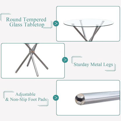 Round Glass Dining Table,Clear Kitchen Table with Tempered Glass Tabletop and Tripod Chrome Legs,Round Glass Table for Restaurant/Dining Room 35.43" D x 35.43" W x 29.5" H (Silver- 4 Legs)