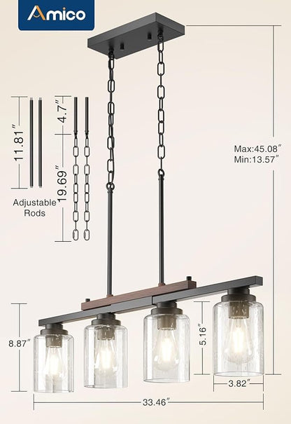Amico Dining Room Light Fixture 4-Light Kitchen Island Lighting with Adjustable Rods, Farmhouse Decor Black Metal & Wood Chandelier with Seeded Glass Shade, Island Lights for Kitchen