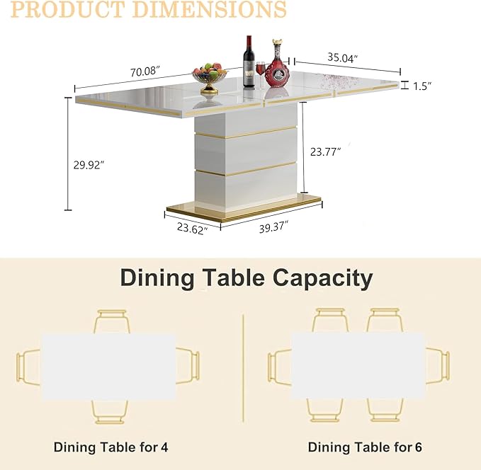 70" White Dining Table for 4 6, Modern Glossy Kitchen Table with 1.5" Thick Lacquered Tabletop and Gold Stainless Steel Trim, Luxury Rectangular Dinner Tables for Dining Room