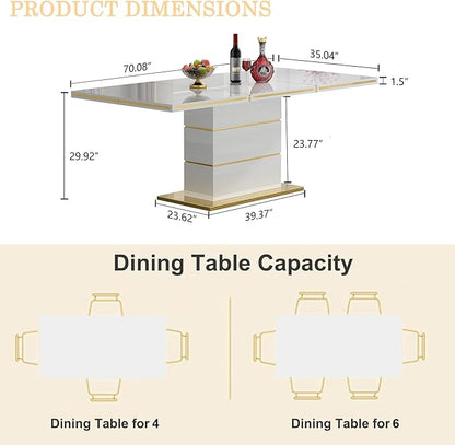 70" White Dining Table for 4 6, Modern Glossy Kitchen Table with 1.5" Thick Lacquered Tabletop and Gold Stainless Steel Trim, Luxury Rectangular Dinner Tables for Dining Room