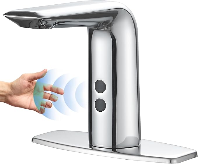 BWE Automatic Motion Sensor Touchless Bathroom Sink Faucet Electronic Infrared Hands Free Commercial Vanity Faucets Battery or Plug-in Powered,with Control Box and Temperature Mixer,Polished Chrome