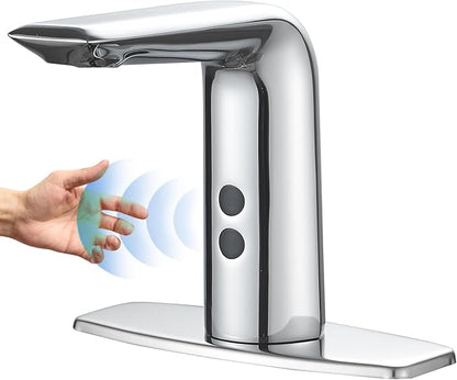 BWE Automatic Motion Sensor Touchless Bathroom Sink Faucet Electronic Infrared Hands Free Commercial Vanity Faucets Battery or Plug-in Powered,with Control Box and Temperature Mixer,Polished Chrome