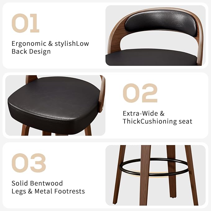 GOWE Swivel Bar Stools Set of 2, 26.8" Counter Height Bar Stools for Kitchen Island, Black Barstools Upholstered Faux Leather & Solid Wood Legs, VF