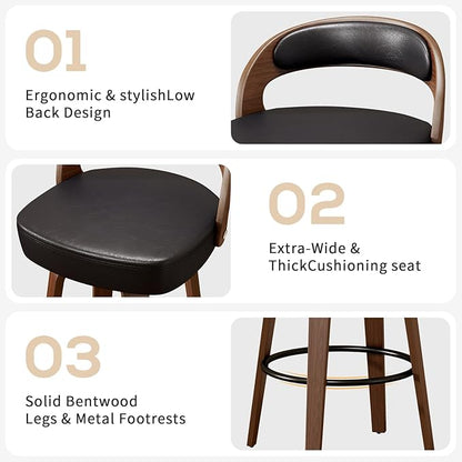 GOWE Swivel Bar Stools Set of 2, 26.8" Counter Height Bar Stools for Kitchen Island, Black Barstools Upholstered Faux Leather & Solid Wood Legs, VF