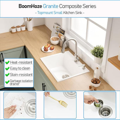 24 Drop in Kitchen Sink, 24x19 Inch Single Bowl White Granite Composite Quartz Topmount Outdoor Kitchen Sink RV Basin with Small Rubber Squeegee