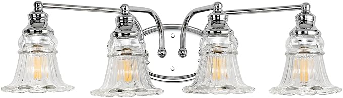4-Light Bathroom Light Fixtures Over Mirror, Vintage Vanity Lights with Clear Floral Glass Shades, Chrome