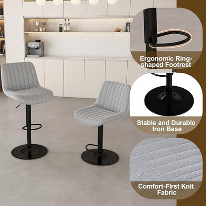 Modern Kitchen Island Set with Two Gray Bar Stools, Black Marble Look Surface, LED Lighting and Grill Design for Dining Room and Open Concept Spaces
