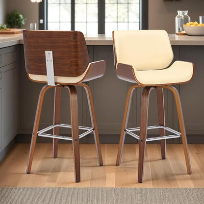 Armen Living Tyler 26" Counter Height Swivel Cream Faux Leather and Walnut Wood Bar Stool