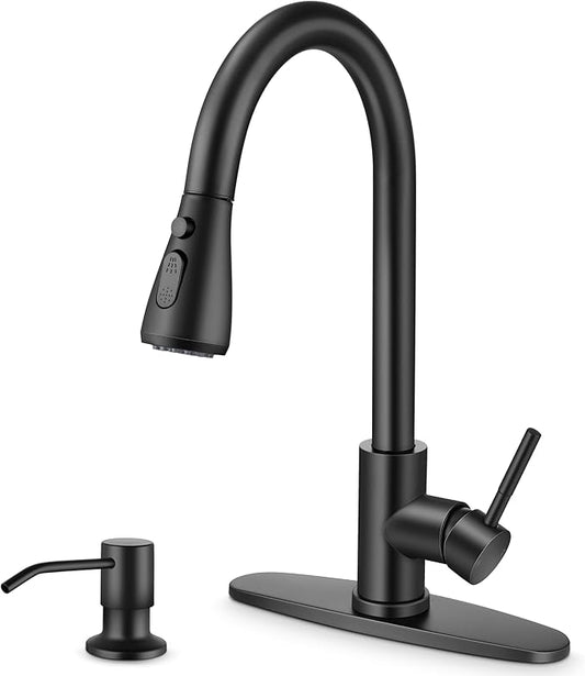 Herogo Black Kitchen Sink Faucet Set with Pull Down Sprayer and Soap Dispenser, Stainless Steel Rv Outdoor Kitchen Faucet for 1-3 Hole with Pop Up Drain, Deck Plate and Supply Hose