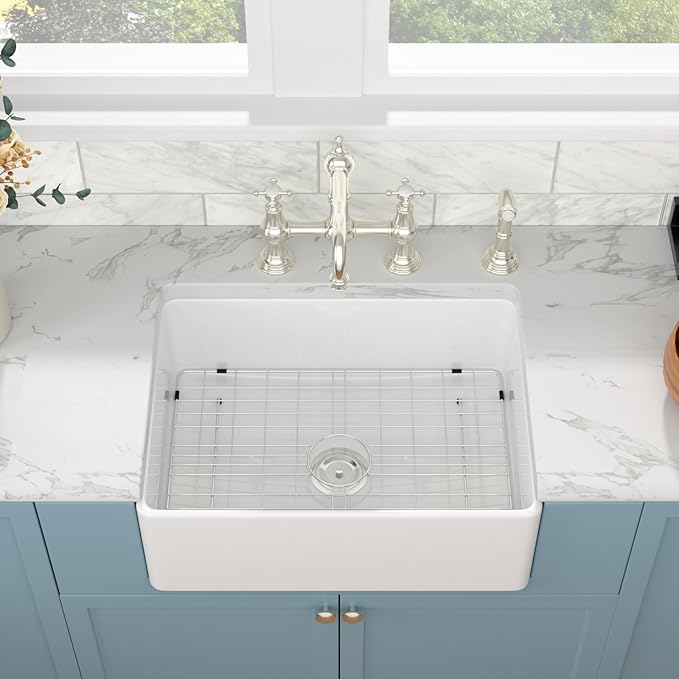 Sarlai 30 White Farmhouse Sink - 30 x 20 Inch Apron Front Kitchen Sink Farm Farmer Sinks White Ceramic Fireclay Single Bowl Basin