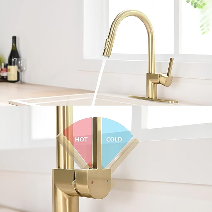 Gold Kitchen Faucet with Pull Down Sprayer - Modern Single Handle Pull Down Kitchen Sink Faucet with Deck Plate | Stainless Steel Brass Kitchen Faucet for 1 & 3 Hole Brushed Gold