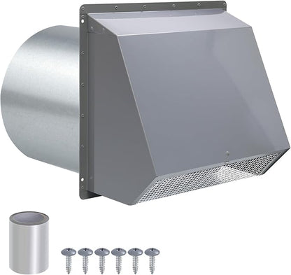 8 Inch Hooded Wall Vent with Screen and Damper, Wall Exhaust Vent Cover Cap for Exterior Ventilation and Outdoor Air Exhaust Kitchen Range Hood Dryer HVAC Duct, Galvanized Steel, Gray