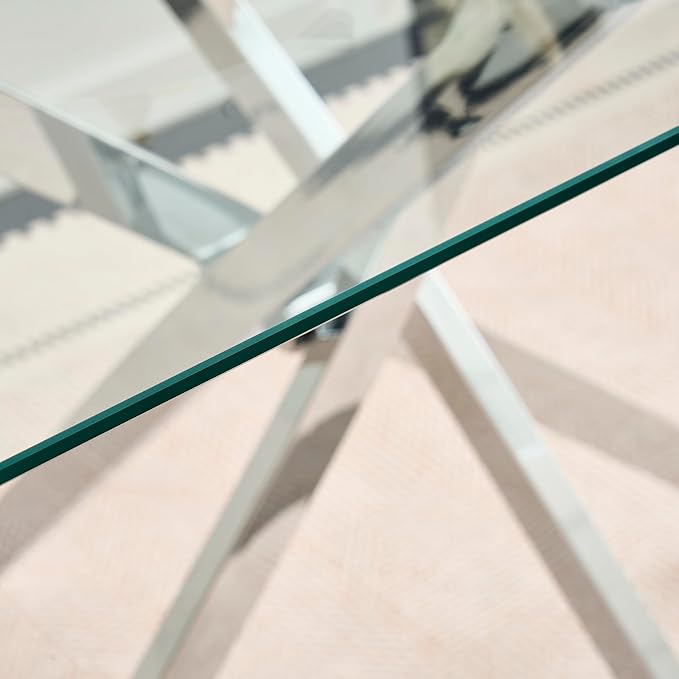 Square Dining Table for 4, 36 Inch Glass Kitchen Table with Silver X Metal Legs, Modern Tempered Glass Dinner Room Table for Small Space Dining Room Kitchen Restaurant