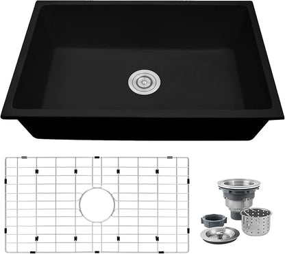 Rhbamoa Black Undermount Kitchen Sink,32 Inch Matte Black Granite Composite Kitchen Sinks,10 Inch Depth Single Bowl Sinks, 32''x18'' Large Quartz Sink with Accessories