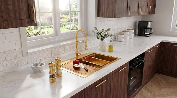 Rhbamoa Gold Kitchen Sink,31 Inch Gold Drop in Kitchen Sink Single Bowl,16 Gauge T304 Stainless Steel Workstation Sinks,10 Inch Deep Topmount Sinks with All Accessories
