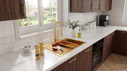 Rhbamoa Gold Kitchen Sink,31 Inch Gold Drop in Kitchen Sink Single Bowl,16 Gauge T304 Stainless Steel Workstation Sinks,10 Inch Deep Topmount Sinks with All Accessories