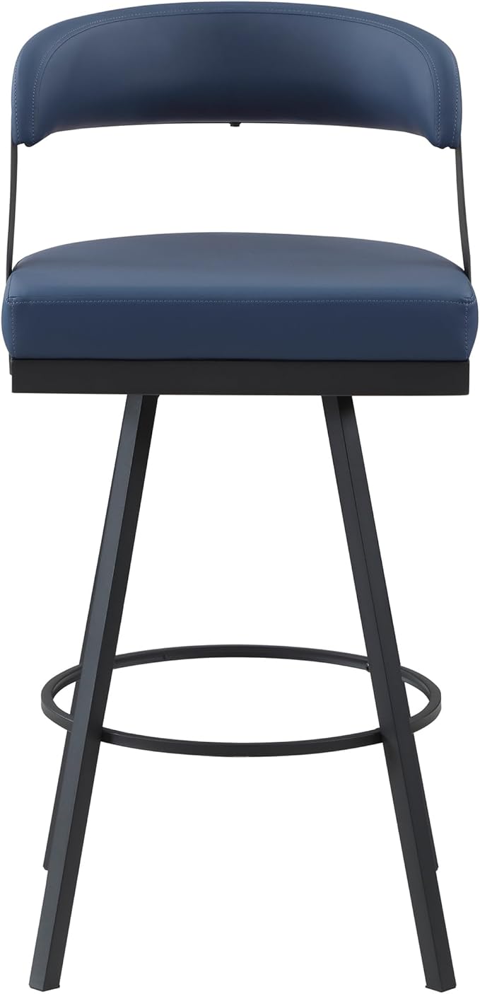 Lexicon Swivel Bar Stools Set of 2 - Bar Height Stools for Kitchen Island, Padded Seat, Open Back, Sturdy Black Metal Frame Finish and Blue Faux Leather Cushion Seat, Blue