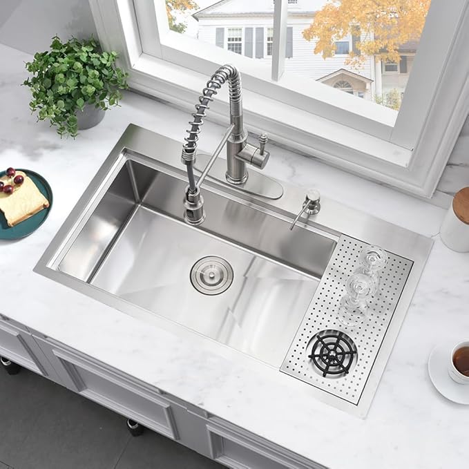 33 Inch Drop In Kitchen Sink with Cup Washer Workstation-Bokaiya 33x19 Stainless Steel Drop In Sink Ledge Workstation 16 Gauge Deep Top Mount Single Bowl Kitchen Sink