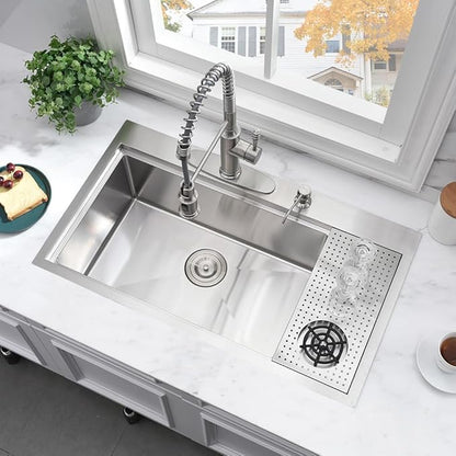 33 Inch Drop In Kitchen Sink with Cup Washer Workstation-Bokaiya 33x19 Stainless Steel Drop In Sink Ledge Workstation 16 Gauge Deep Top Mount Single Bowl Kitchen Sink