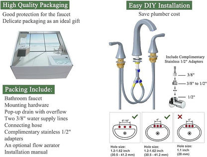 Bathroom Faucet for Sink 3 Hole, Chrome 8 Inch Widespread Bathroom Sink Faucets with Pop-up Drain and Supply Lines, Lavatory Vanity Faucets, TAF826-CP