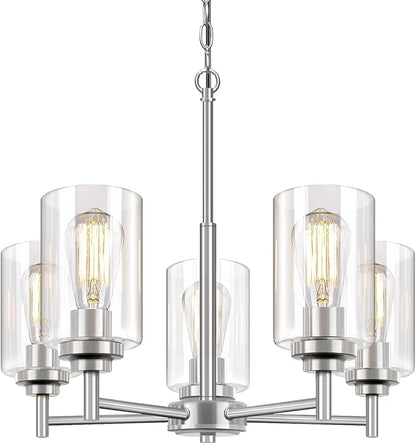 19.8'' 5-Light Chandelier for Dining Room Kitchen Island, Modern Farmhouse Pendant Lighting with Glass Shades Industrial Brushed Nicke Hanging Ceiling Light Fixture for Living Room, Height Adjustable