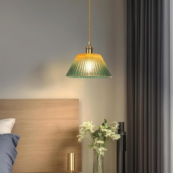 Glass Pendant Light Fixtures Adjustable Hanging Lamp, Gold Green Glass Pendant Lights Kitchen Island Dining Room Hallway Bedroom Living Room, LED Bulb Included