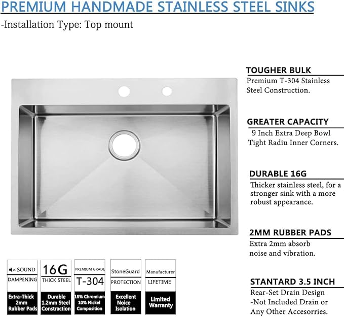 SHACO Kitchen Sink, 33x22 Inch Drop In Kitchen Sink, SUS304 Stainless Steel 33 Inch Single Bowl Top Mount Overmount Sink with Strainer Drain