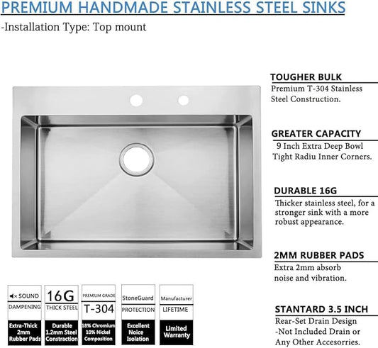 SHACO Kitchen Sink, 33x22 Inch Drop In Kitchen Sink, SUS304 Stainless Steel 33 Inch Single Bowl Top Mount Overmount Sink with Strainer Drain