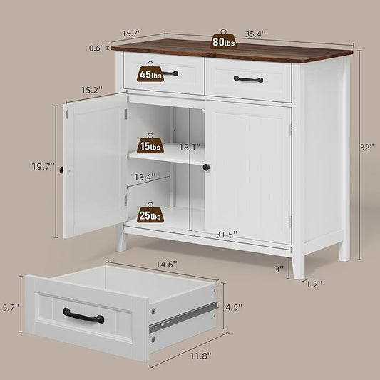 Bealife 32" Buffet Cabinet, Kitchen Island with Storage, Coffee Bar Cabinet with 2 Drawers and Adjustable Shelf, Kitchen Storage Cabinet for Dining Room, Living Room, Entryway (Retro)