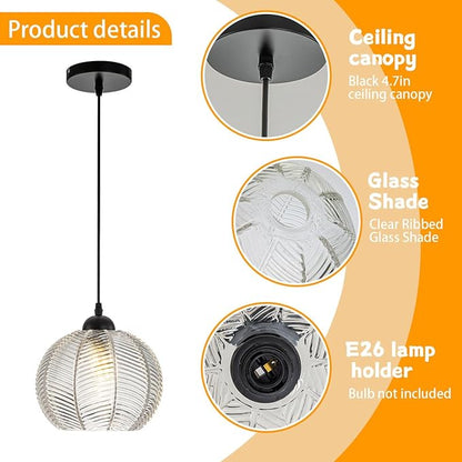 Clear Glass Pendant Light Vintage Hanging Light Fixture with Clear Ribbed Glass Shade Mid Century Modern Pendant Lighting for Kitchen Island Dining Living Room Bedroom Farmhouse