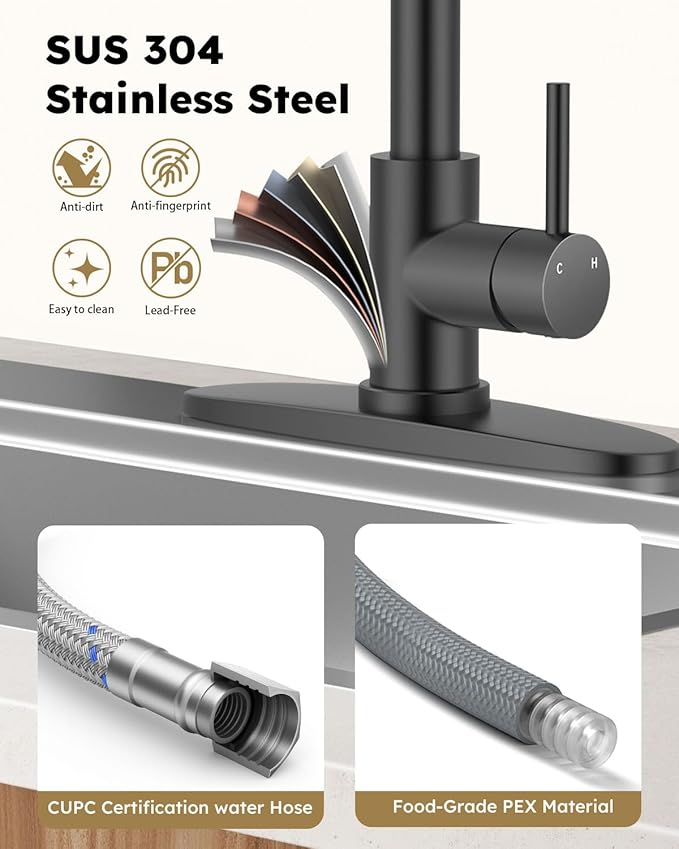 Arofa Kitchen Faucet with Pull Down Sprayer, Brushed Nickel Kitchen Sink Faucet 1-3 Hole Single Handle High Arc Stainless Steel Commercial Modern Kitchen Faucets for RV/Laundry/Outdoor/Bathroom Sink