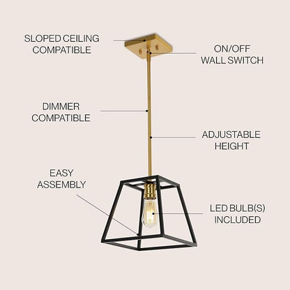 JONATHAN Y 9.25" Black/Brass Gold 1-Light Iron Pendant Lantern, Farmhouse Industrial Cage Light for Kitchen Island Dining Room, Adjustable Height, LED Bulb Included JYL6509A