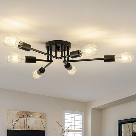 ASGYISA 6-Lights Semi Flush Mount Ceiling Light Fixture Modern Metal Black Sputnik Chandeliers with E26 Bulb Base Close to Ceiling Light for Kitchen Dining Room Living Room Hallway Bedroom