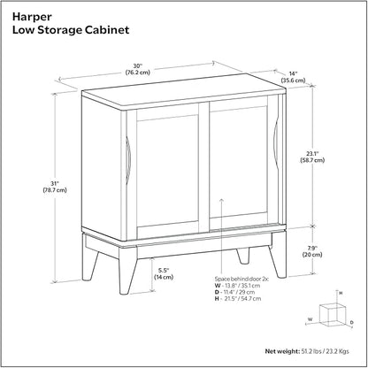 SIMPLIHOME Harper Storage Cabinet - 30 inch Wide Solid Hardwood 2-Shelf Low Console Cabinet in Teak Brown, Mid-Century Modern Cupboard for Living Room with Sliding Doors and Adjustable Shelves