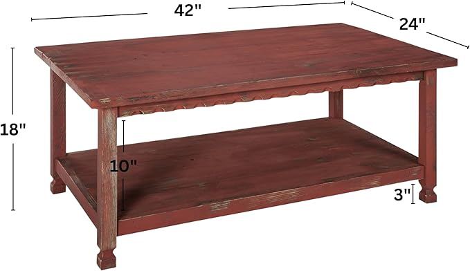 Rustic Rectangluar Coffee Table w/ 1 Shelf, Red Antique, Distressed Finish, Farmhouse Style, Accent Home Decor Living Room Furniture, Hardwoods (Pine/Acacia), Durable, 42 in. W x 24 in. D x 18 in. H