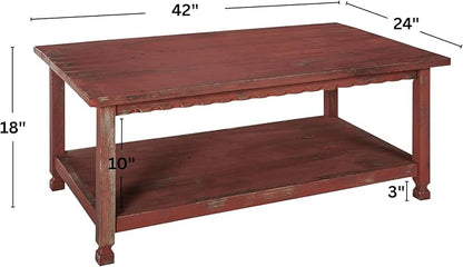 Rustic Rectangluar Coffee Table w/ 1 Shelf, Red Antique, Distressed Finish, Farmhouse Style, Accent Home Decor Living Room Furniture, Hardwoods (Pine/Acacia), Durable, 42 in. W x 24 in. D x 18 in. H