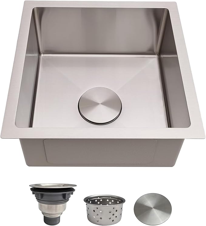16 Inch Bar Sink Undermount – Delironexu 18 Gauge Stainless Steel Small Kitchen Sink, 16"x16"x8" Square Small Bar sink, Single Bowl Wet bar Sinks with Brushed Finish for Outdoor, RV, and Prep Use