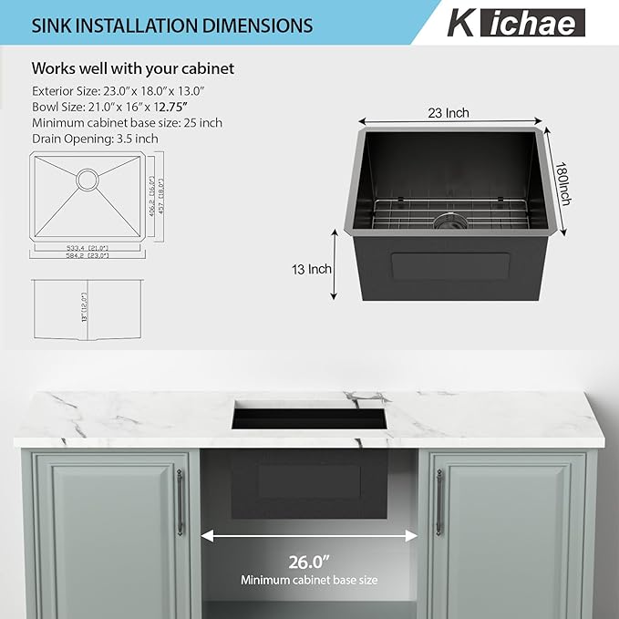 Kichae 23 Laundry Sink Undermount - 23”x18" Black Undermount Utility Sink 13" Deep Stainless Steel 16 Gauge Single Bowl Under Counter Handmade Laundry Utility Room Basin
