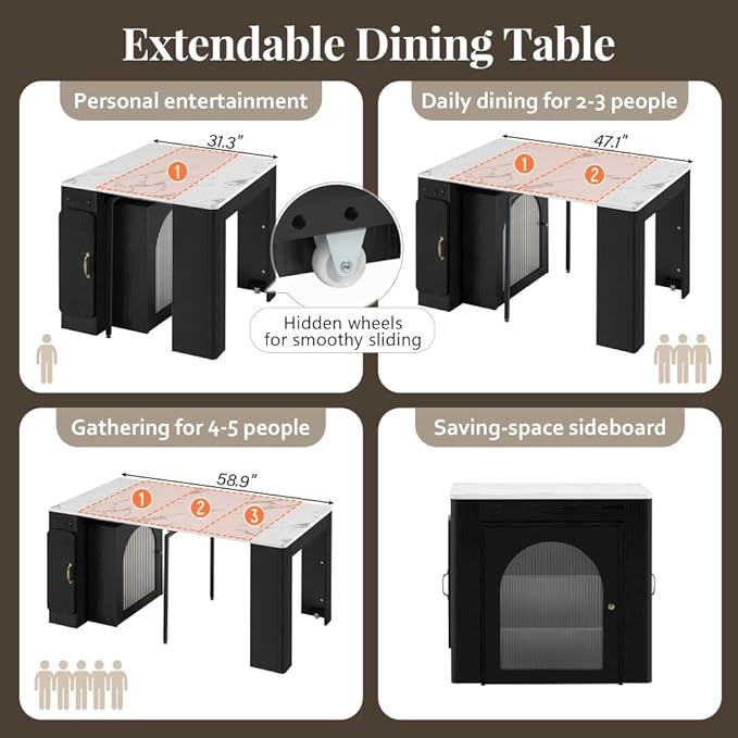 Extendable Drop Leaf Dining Table with Storage, Kitchen Island Cart with Outlet, Rolling Bar Table with Drawers and Glass Door Cabinet for Small Kitchen