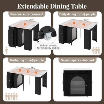 Extendable Drop Leaf Dining Table with Storage, Kitchen Island Cart with Outlet, Rolling Bar Table with Drawers and Glass Door Cabinet for Small Kitchen