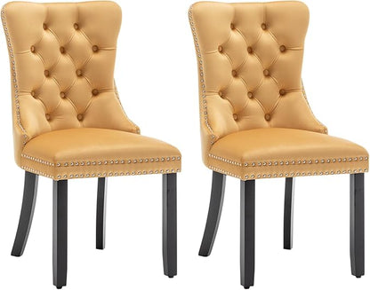Eifizek Velvet Dining Chairs Set of 2, Tufted Dining Room Chairs with Nailhead Ring Pull Trim, Upholstered Dining Chairs with Solid Wood Legs for Kitchen Dining Room (Gold)