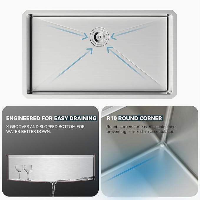 30 Kitchen Sink Undermount - Lordear 30 x 18 inch Undermount Sink 16 Gauge Stainless Steel Deep Single Bowl Under Counter Rectangular Handmade Sinks Basin