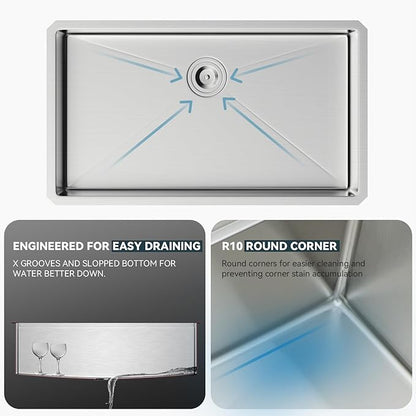 30 Kitchen Sink Undermount - Lordear 30 x 18 inch Undermount Sink 16 Gauge Stainless Steel Deep Single Bowl Under Counter Rectangular Handmade Sinks Basin