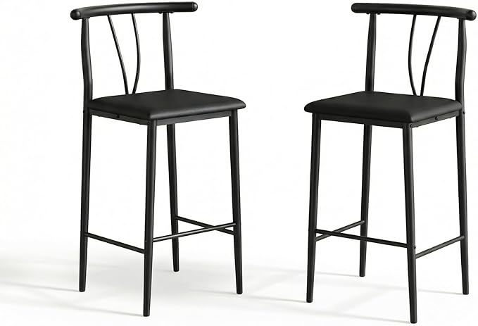IDEALHOUSE 25.2" Bar Stools Set of 2 with Wide PU Upholstered Seat, Counter Height Bar Stools Set with Footrest & Curved Back, Metal Barstools Set for Kitchen Islands, Counter Bars, Black