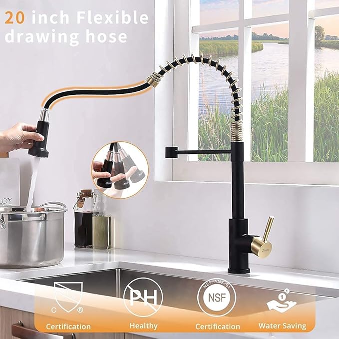 GIMILI Touchless Spring Kitchen Faucet with Soap Dispenser,Matte Black&Gold