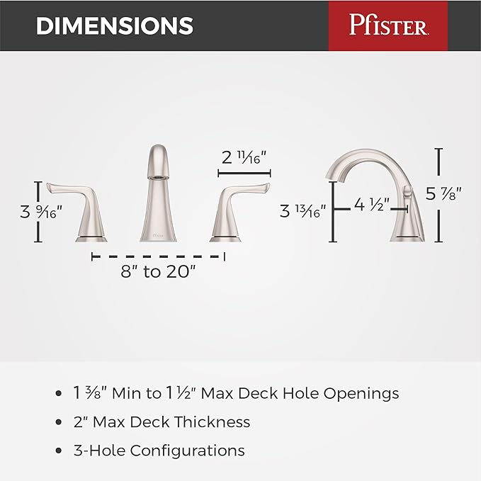Pfister Willa Bathroom Sink Faucet 8 in Widespread 3 Hole 2 Handle Vanity Faucet with Push & Seal Drain NSF Certified Spot Defense Brushed Nickel Finish LF049MALGS