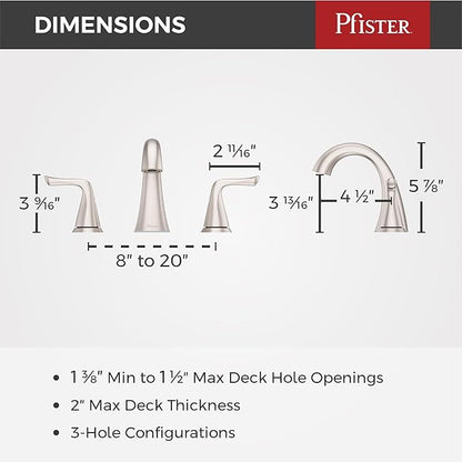 Pfister Willa Bathroom Sink Faucet 8 in Widespread 3 Hole 2 Handle Vanity Faucet with Push & Seal Drain NSF Certified Spot Defense Brushed Nickel Finish LF049MALGS