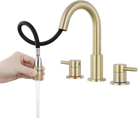 FGKQ Brushed Gold Bathroom Faucet 3 Hole with Pull Down Sprayer 2 Modes, Pull Down Bathroom Sink Faucet with Pop Up Drain, 8 Inch Widespread Bathroom Faucet