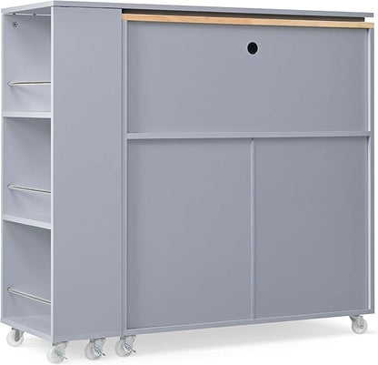 Rolling Kitchen Island with Extended Table and Power Outlets 2 Fluted Glass Doors Storage Compartment 3 Side Open Shelves Practical(Gray)